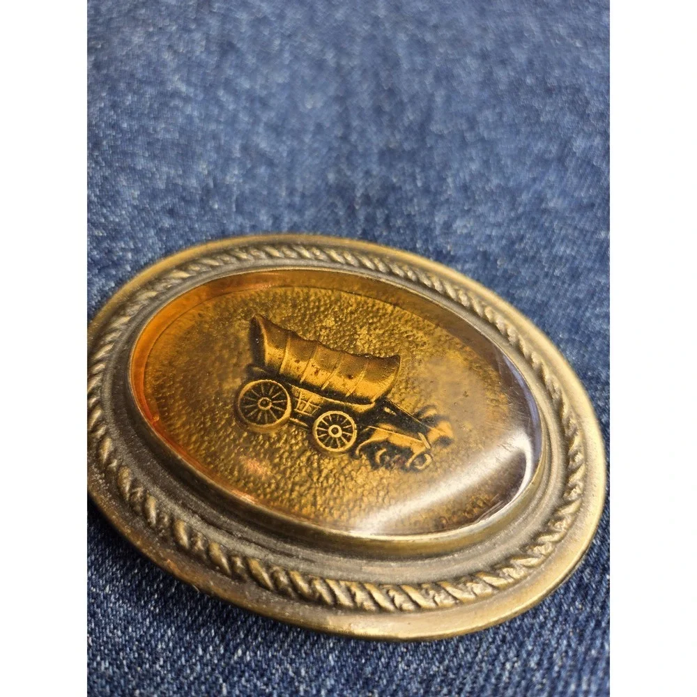Vintage Western Wagon Brass Belt Buckle - Embedded Wagon Rare Find